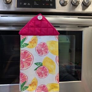 Vibrant Citrus Kitchen Towel with Pink Top